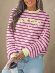 Wildy Casual Minimalist Striped Pattern Round Neck Long Sleeve Loose Fit Sweatshirt For Women, Suitable For Autumn/Winter - Multicolor - View 4