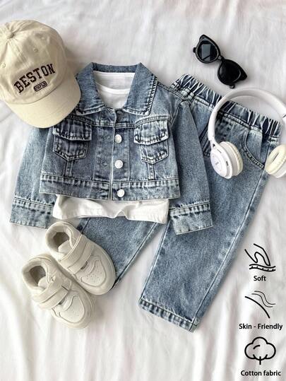 SHEIN 女婴复古水洗浅蓝色牛仔夹克和裤子套装，休闲时尚设计，有领，有口袋，宽松版型，柔软棉质，秋冬