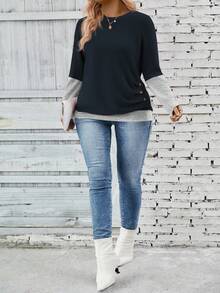 EMERY ROSE Women's Casual Round Neck Long Sleeve Side Pleated Large Button Decor Design Plus Size T-Shirt, Autumn/Winter - Navy Blue - View 5