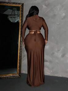 Maweii Plus Size Women's Sexy Twist Tie Long Sleeve Crop Top And Hollow Lace-Up Waist Skirt Set, Autumn - Rust Brown - View 4