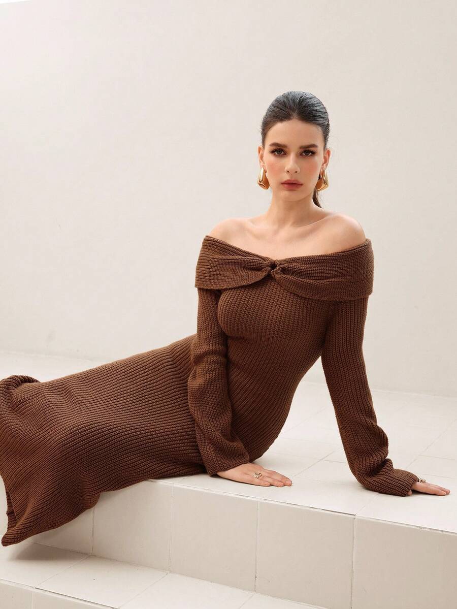 Modelyn Vestido de suéter de punto con hombros descubiertos y perlas para mujer - Camel - Ver 1