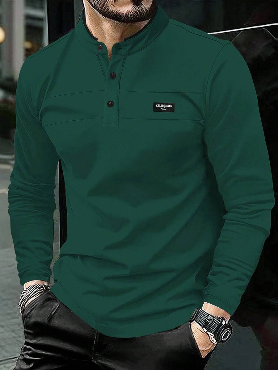 Manfinity Homme 男士纯色立领半开襟长袖时尚Polo衫，绿色，复古风格，适合日常休闲、周末旅行、户外活动、探险旅行、轻松的工作环境或半正式场合，也是送给男友/丈夫、周年纪念日或圣诞节的理想礼物。 - 軍綠色 - 查看 1