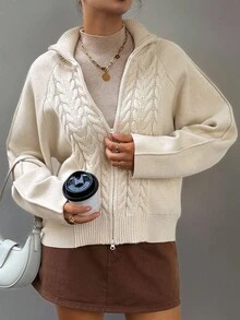 Livesso Suéter holgado de punto de cable con textura, de estilo empresarial casual, con cuello alto y mangas raglán, elegante cárdigan para uso en la oficina, otoño/invierno - Albaricoque - Ver 1