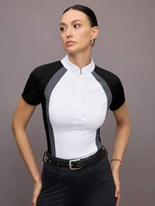 Activina Women's Color Block Raglan Sleeve Half Button Up Fitted Equestrian Jacket - Black and White - View 4