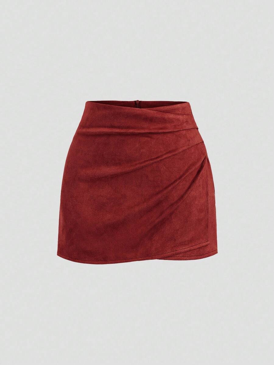 Sweetra Rok Bodycon Lipit Warna Maillard Gaya Italia Klasik, Seksi & Menawan untuk Musim Gugur/Dingin - Merah - View 1