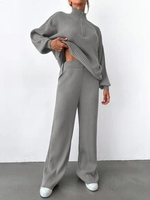 EURMUSE Women's Casual Solid Color Knitted Sweater And Pants Two Pieces Set, Autumn/Winter - Grey - View 5