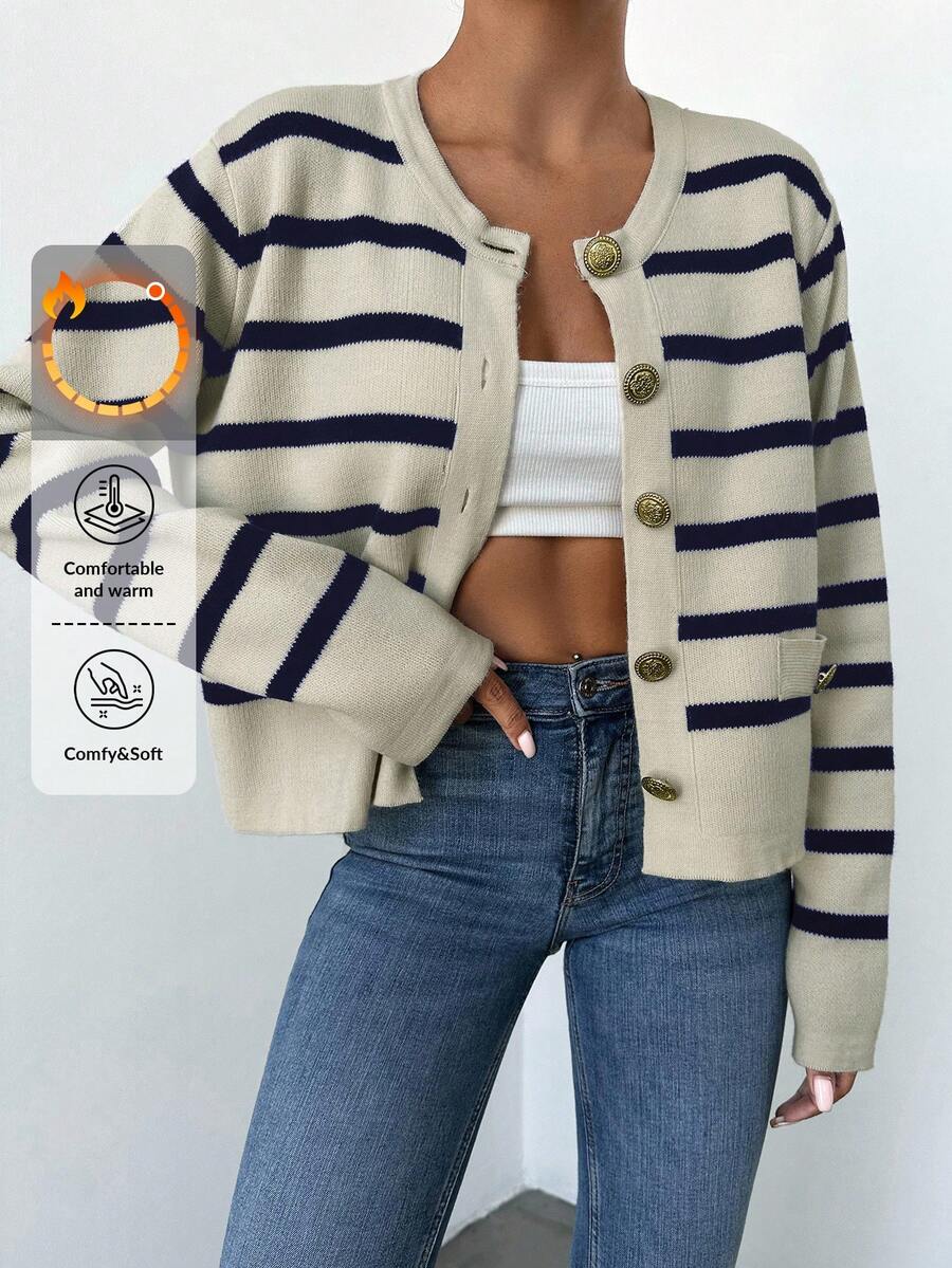 EURMUSE Women's Striped Cardigan - Navy Blue - View 1