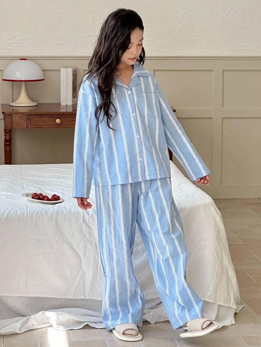 DAZY 女童条纹长袖上衣和裤子睡衣套装，秋季 - 藍色 - 查看 1