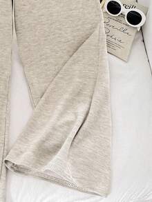 SHEIN 青少年女孩宽松休闲简约舒适中腰直筒针织运动裤 - 杏色 - 查看 4