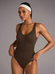 SHEIN BAE 无缝瑜伽高弹力紧身衣，内置胸垫 - 棕色 - 查看 3