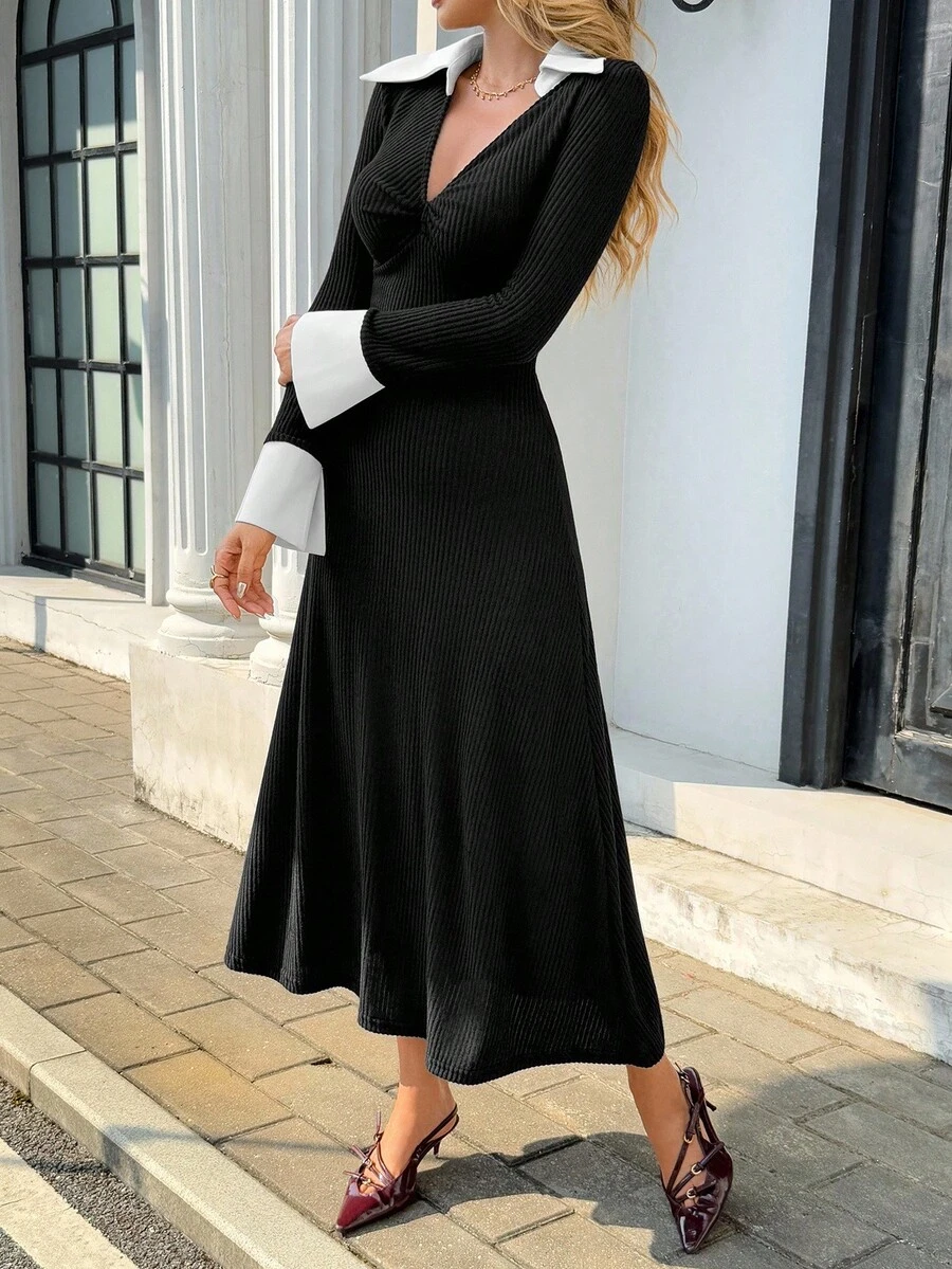 Chiquease Women's French Elegant Long Dress,Retro Black And White Bow Tie Contrasting Color Design,Autumn A-Line Waist Elastic Office Dress Clothing - Black - View 1