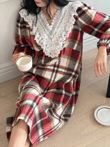 DAZY Women's Thick Brushed Plaid Fabric Contrast Trim Collar Nightgown, Winter Pajama - Red - View 8
