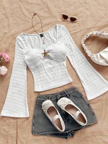 Soleia Nueva blusa de mujer de punto con cuello cuadrado, diseño de diamante calado, cintura ceñida y ajustada, adecuada para otoño/invierno, fiestas, citas, San Valentín, Pascua, carnaval, té de la tarde, crucero de playa, vacaciones en la ciudad, estilo bohemio, romántico floral, vacaciones, floral - Blanco - Ver 1