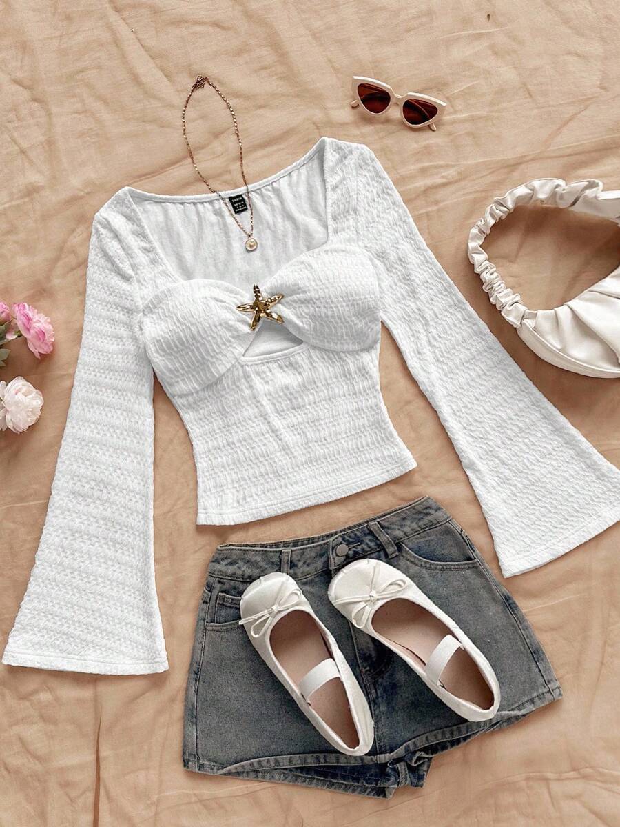 Soleia Nueva blusa de mujer de punto con cuello cuadrado, diseño de diamante calado, cintura ceñida y ajustada, adecuada para otoño/invierno, fiestas, citas, San Valentín, Pascua, carnaval, té de la tarde, crucero de playa, vacaciones en la ciudad, estilo bohemio, romántico floral, vacaciones, floral - Blanco - Ver 1