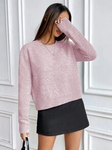 SHEIN 休闲风格纯色圆领针织长袖毛衣 - 粉色 - 查看 4