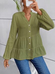 SHEIN LUNE Notched Neckline Lantern Sleeve Ruffle Hem Smock Blouse Peplum Top - Green - View 6