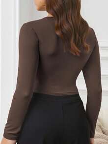 Zyxie Camiseta cuadrada de cuello cuadrado de unicolor casual de talla grande, otoño