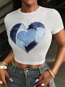 INAWLY Solva Women's Heart Print Round Neck Short Sleeve Cropped Casual T-Shirt