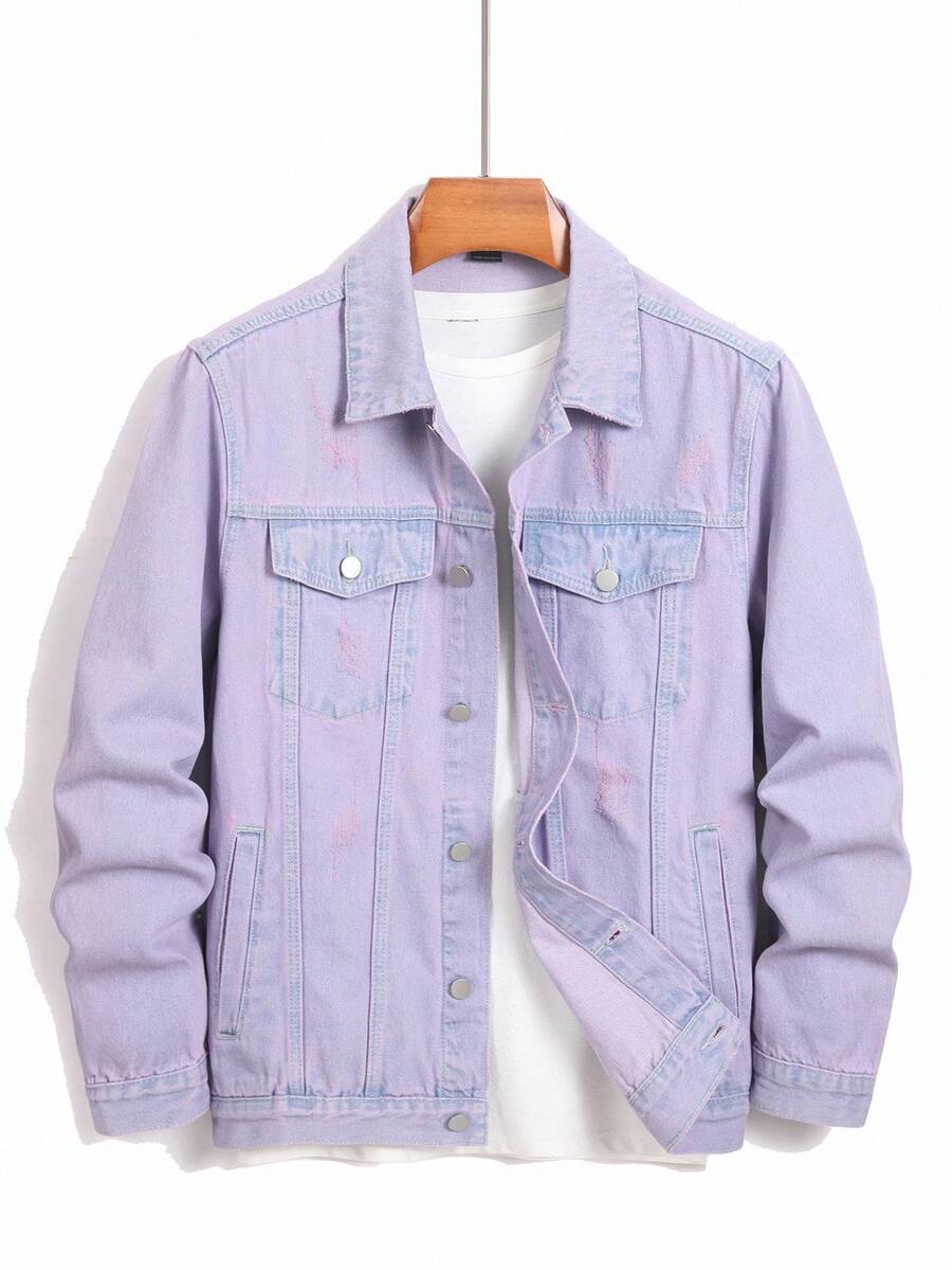 Manfinity Homme 男士休闲街头风褪色紫色可爱复古牛仔夹克，秋季款 - 淡紫色 - 查看 1