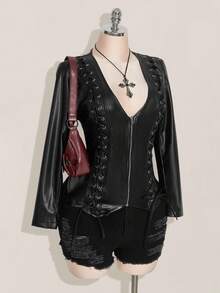 SHEIN ICON Áo khoác da PU cổ chữ V hở phía trước, dây đeo chéo trang trí cỡ lớn màu đen, áo khoác da Y2K cổ điển màu đen, áo khoác nữ thu đông - màu đen - Xem 5