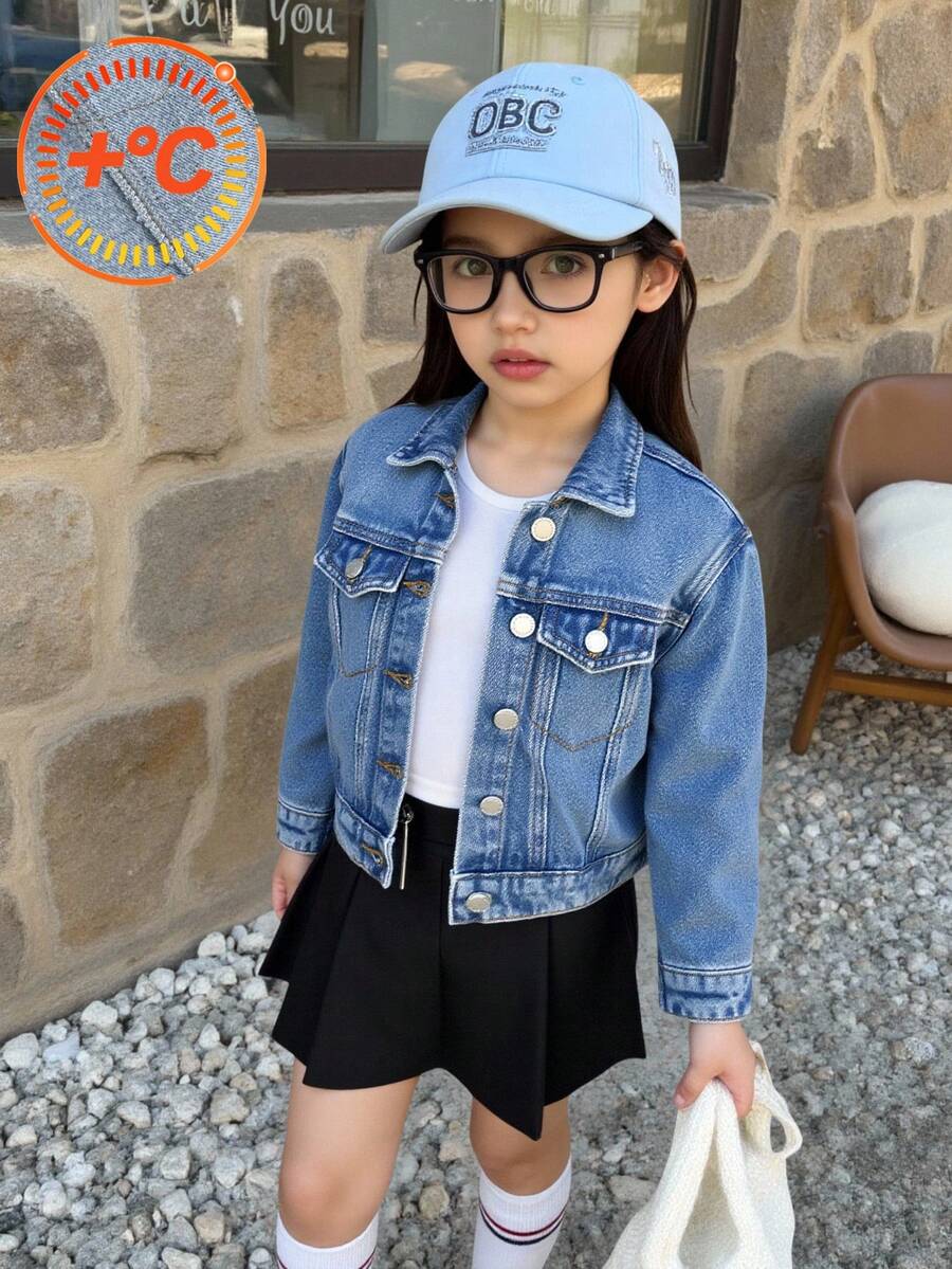 SHEIN Young Girl' Y2k Blue Denim Thermal Lined Loose Short Jacket, Autumn/Winter,Winter Outfits,Fleece Warm Coat, Street Style, Autumn Style, Autumn And Winter Coat, Party Style Fall