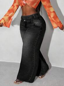 Slaydiva Plus Size Casual Washed Thermal Lined Wide Leg Jeans - Black - View 4