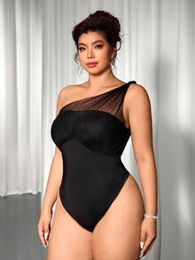 Cravure Plus Size Women's Luxury Black Summer Classy Night Out Club Party Style Knit Sleeveless Oblique Shoulder Mesh Twist Bodysuit,Wednesday Aesthetic - Black - View 6