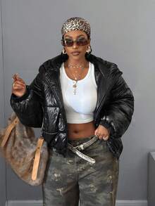 Maweii Plus Size Women's Solid Color Long Sleeve Zipper Front Hooded Casual Winter Jacket