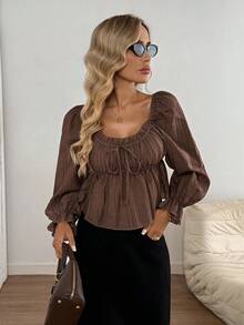 Easowa Frill Trim Puff Sleeve Lantern Sleeve Gathered Collar Tie Front A-Line Long Sleeve Shirt, Textured Crinkle Fabric, Casual Relaxed Elegant Office Lady Style Brown Blouses Coffee Brown Top Dark Brown Top Brown Long Sleeve Top Chocolate Brown Top - Mocha Brown - View 3