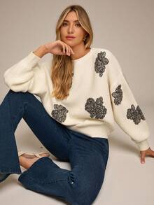 Enchnt Women's White Floral Sequin Drop Shoulder Long Sleeve Loose Casual Sweater,Elegant Autumn Clothes For Brunch, Sweet&Fashionable Party Top - Beige - View 8