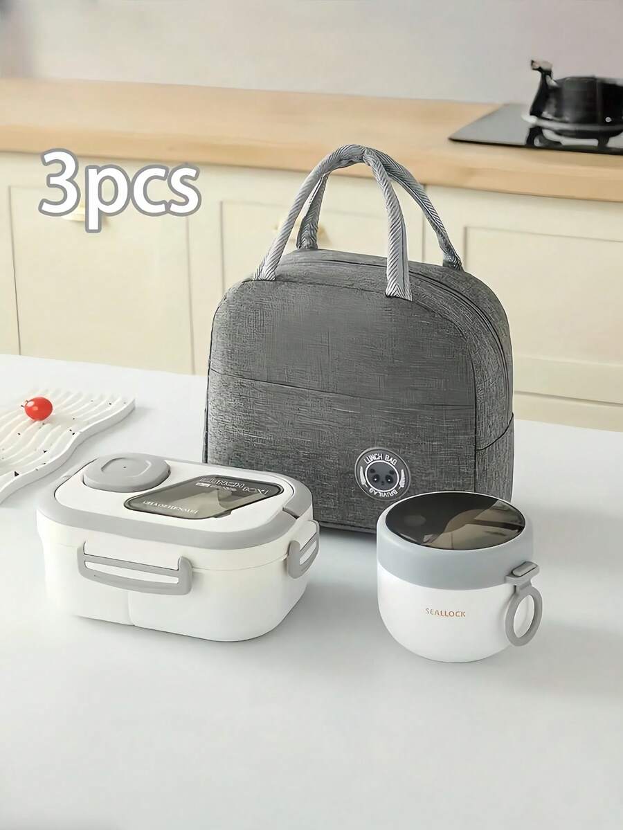3pcs Lunch Box Set, Including Lunch Box, Insulated Bag, Breakfast Cup, Suitable For Work, School, And Outdoor Transportation, Lunch Box, Salad Cup, Insulated Suit. Partitioned Lunch Box, Back-To-School Season Student Supplies, Lunch Box, Lunch Bag. - Multicolor - View 1