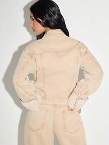 KIZN Classic Fitted Light Denim Jacket Western Style Button Front Trucker Casual Fashion Outerwear Long Sleeve Autumn Spring Everyday Wear - Apricot - View 2