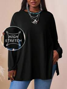 SHEIN CURVE+ Áo thun dáng rộng tay dài cổ tròn trễ vai nhiều màu sắc cỡ lớn, quần áo mùa hè cho nữ, mùa đông, đường cong PLUS - màu đen - Xem 1