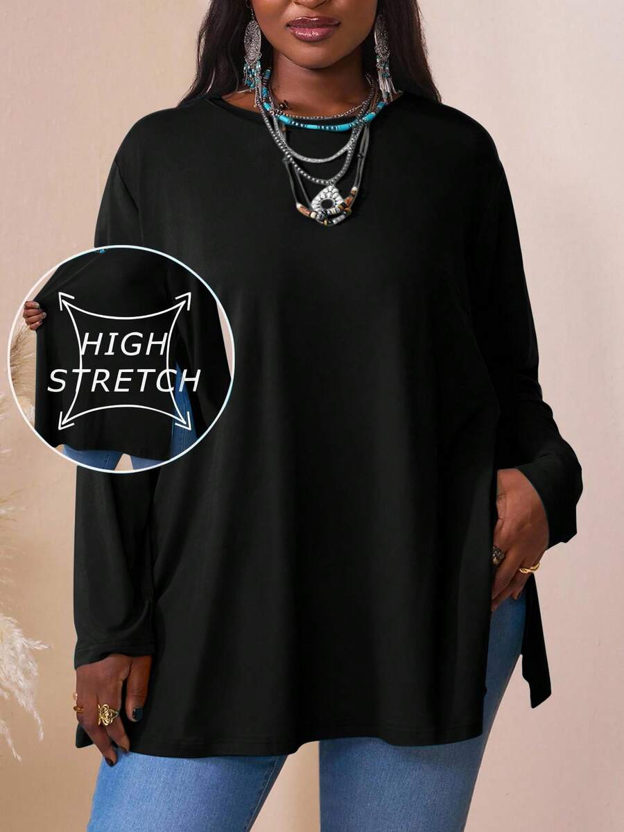 SHEIN CURVE+ Áo thun dáng rộng tay dài cổ tròn trễ vai nhiều màu sắc cỡ lớn, quần áo mùa hè cho nữ, mùa đông, đường cong PLUS - màu đen - Xem 1