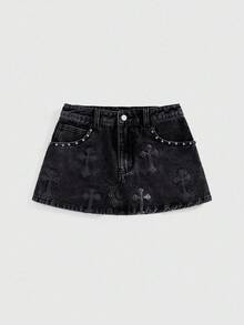 ROMWE Grunge Punk Women's Embroidered Cross Denim Mini Skirt - Dark Grey - View 5