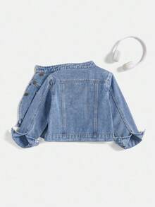 Chaqueta de motociclista de mezclilla con cuello alto para niñas de 4 a 7 años, armadura de invierno dulce y fresca de pequeños caballeros. Diseño de botones frontales en diagonal, puede ser dulce o elegante, de moda. Estilo dulce: combinar con falda de lana a cuadros + botas de nieve = protagonista femenina de un drama coreano; Estilo fresco: combinar con leggings negros + botas de tobillo = mini supermodelo; Estilo casual: combinar con sudadera + jeans = el niño talla grande lindo del jardín de infantes