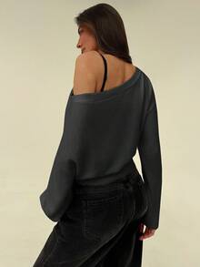 Aloruh Beige Oversized Floral Asymmetric Shoulder Romantic Loose Knit Sweater, Autumn/Winter,Cozy Fall And Winter Clothes For Women,Fall,Fall Clothes For Women - Dark Grey - View 2