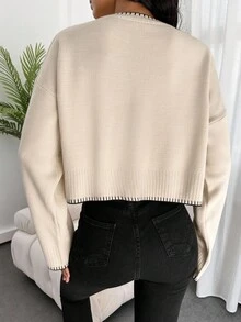 EURMUSE Solid Drop Shoulder Sweater - Beige - View 2