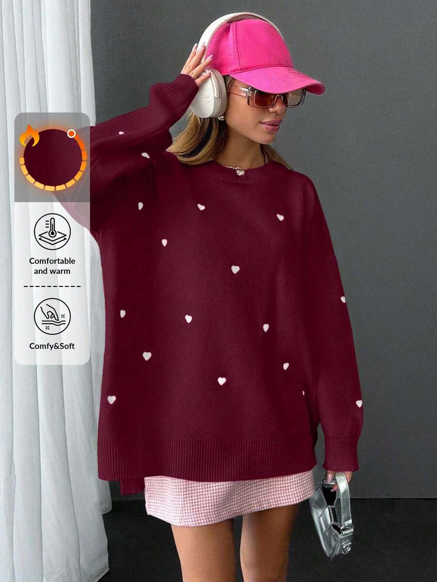 EURMUSE Maglia casual oversize con ricamo a forma di cuore e spalle cadenti - Bordò - Visualizzare 1