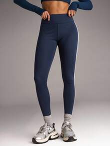 SHEIN BAE Side Stripe Tummy Control Sports Leggings - Navy Blue - View 4