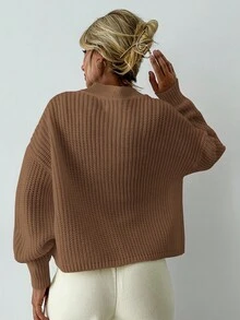 EURMUSE Women's Solid V-Neck Button Front Long Sleeve Cardigan - Brown - View 2