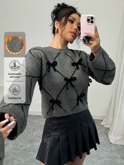 SHEIN Tall Tall Size Casual Diamond Lattice Bow Decor Sweater For Autumn/Winter