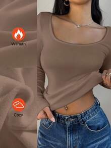 SHEIN BASICS 女士休闲纯色针织圆领长袖修身T恤，升级保暖面料，保暖内衬轻薄不臃肿，秋冬季修身弹力打底衫，棕色上衣 - 咖啡棕 - 查看 4