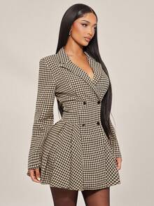 Radiana 秋冬法式优雅复古棕色千鸟格羊毛混纺系带双排扣长袖连衣裙，适合日常穿着、办公室、通勤、约会、派对、正式场合、商务女士外套 - 棕色 - 查看 1