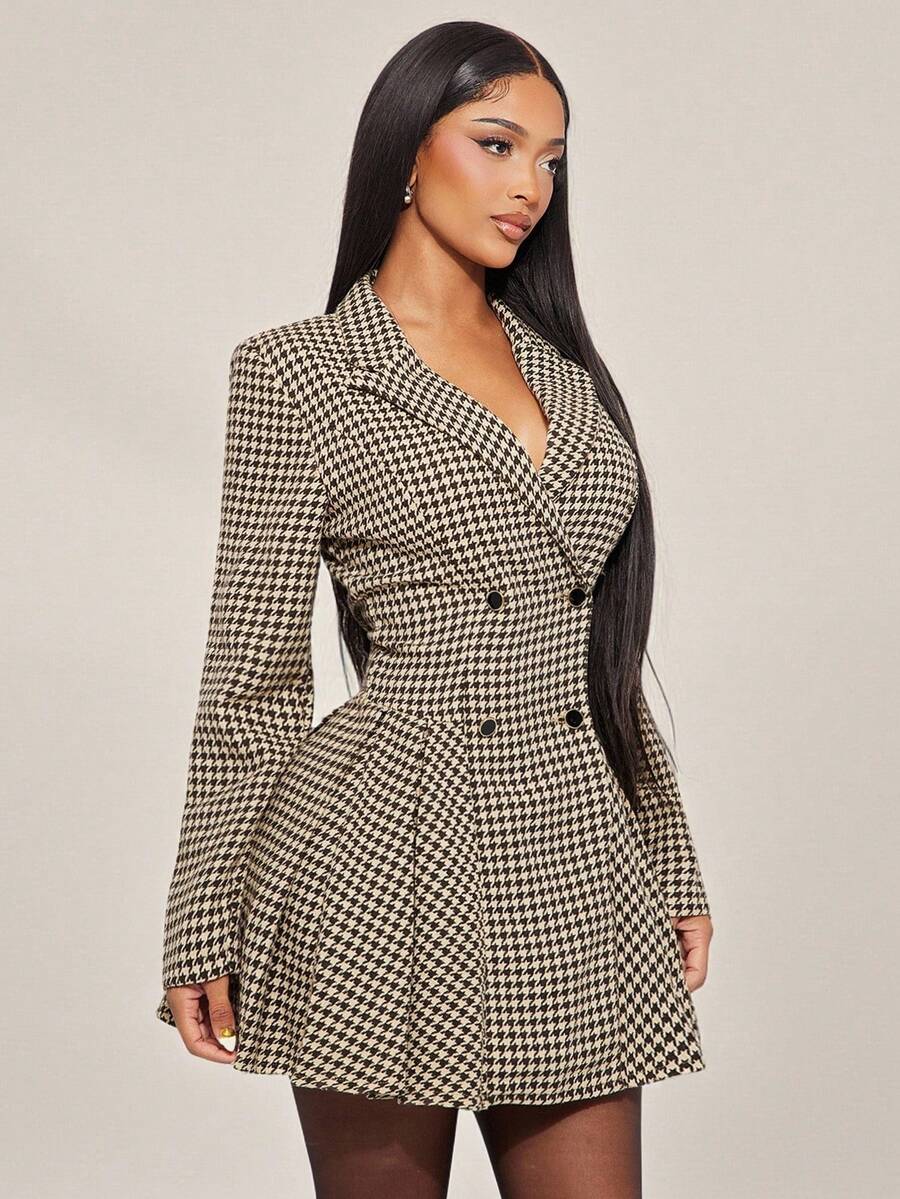 Radiana 秋冬法式优雅复古棕色千鸟格羊毛混纺系带双排扣长袖连衣裙，适合日常穿着、办公室、通勤、约会、派对、正式场合、商务女士外套 - 棕色 - 查看 1