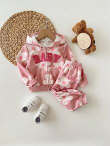 女婴可爱休闲花卉针织连帽衫套装，粉色 - 粉色 - 查看 9