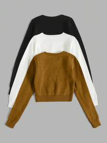 EMERY ROSE 3-Pack Women's Solid Color Crew Neck Long Sleeve Casual Cropped Sweater, Autumn/Winter
