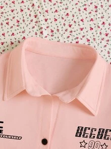 Rina Fox 女式字母印花 Polo 领短袖休闲 T 恤 - 藕粉色 - 查看 3