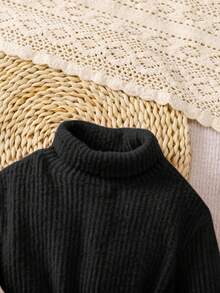 SHEIN 2 件套女婴针织长袖高领宽松连衣裙，适合外出和聚会，秋冬季 - 黑色 - 查看 6