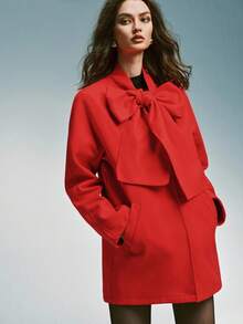 Airlisse Women's Red Lace-Up Bow Woolen Coat, Christmas - Red - View 4